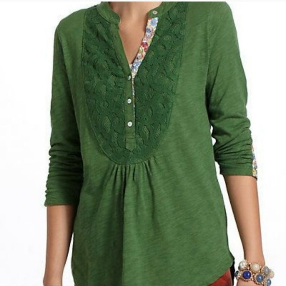 Meadow Rue x‎ Anthropologie Green Lace Bib Henley Top Size XS